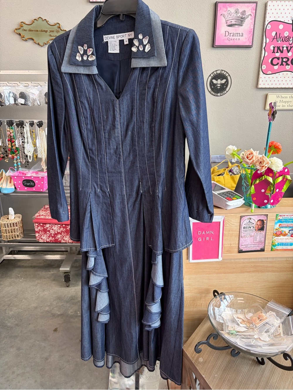 Devine Sport Navy Denim Long-Sleeve Ruffle Dress